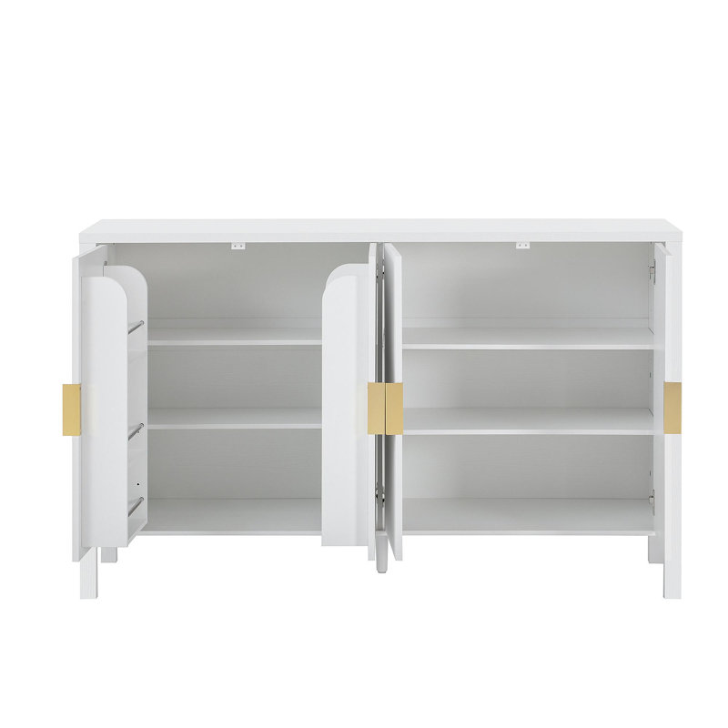 Modern 57.5" Stripe Door Storage Cabinet, 4-Door Sideboard With Back-Of-Door Storage Racks & Side Hooks, Adjustable Shelves, MDF Cabinet With Aluminum Handles For Living Room, Dining Room