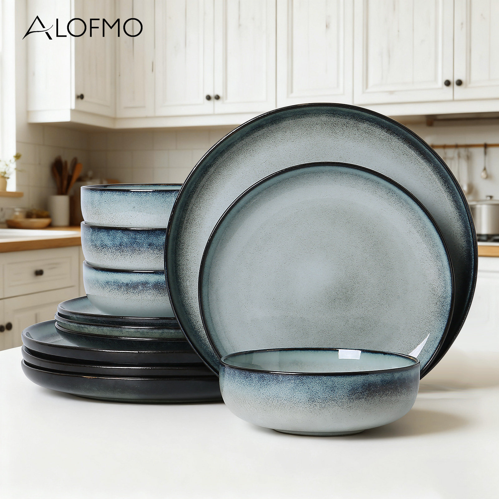 ALOFMO Lumina 12 Piece Stoneware Dinnerware Sets, Dinner Plates and Bowls Set For 4, Green