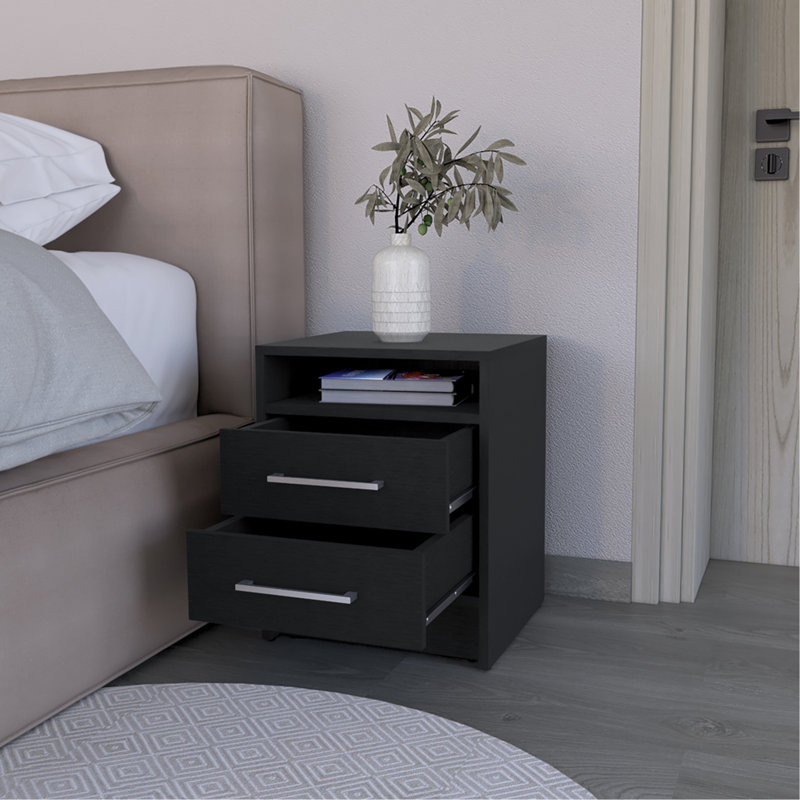 Nightstand Cartiz, Two Drawers, Black Wengue Finish, Black