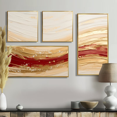 Art mural doré et rouge Soft Wave Fusion - 4 pièces