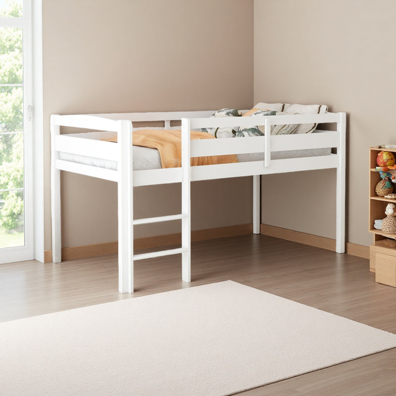 Lit simple mezzanine en bois Lit mezzanine bas avec échelle, Blanc