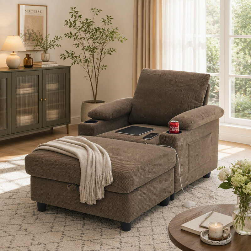 Ensemble de fauteuil d'appoint et repose-pieds avec rangement, méridienne convertible simple avec dossier inclinable, porte-gobelets et ports USB-C