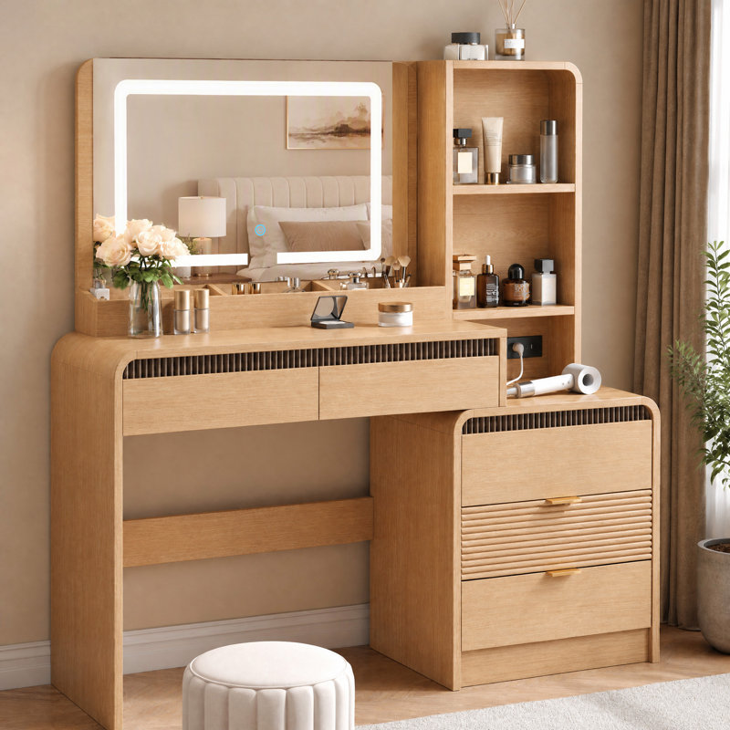Coiffeuse moderne en bois naturel avec miroir lumineux et station de recharge, coiffeuse à 5 tiroirs grande capacité