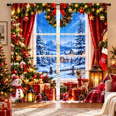 Ensemble de 2 rideaux à motif de village d'hiver de Noël, imprimé festif de paysage enneigé, tissu filtrant la lumière, protection de l'intimité, conception à œillets, lavables à la machine, adaptés au salon, à la chambre, au balcon, à la décoration de la maison pendant les fêtes, un incontournable pour