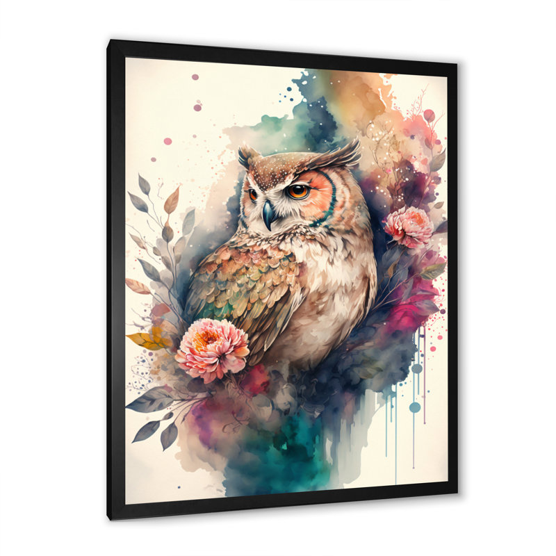 «Cute Owls Floral II», impression sur toile, H 40 po x l 30 po x P 1,5 po, Cadre photo noir