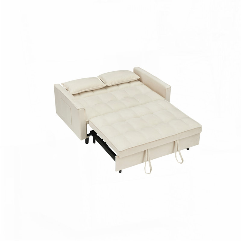Velvet Upholstered Convertible Sleeper Sofa, Beige Velvet