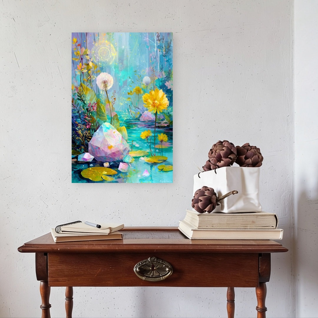 Magical Crystal Pond Colorful Ethereal Mystical Dandelion Lily Forest Landscape Wall Art Print