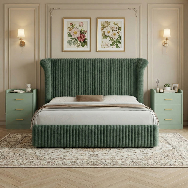 Ensemble de chambre à coucher 3 pièces, base de lit tapissier de 55 po de hauteur, 2 tables de chevet avec chargement et 3 tiroirs