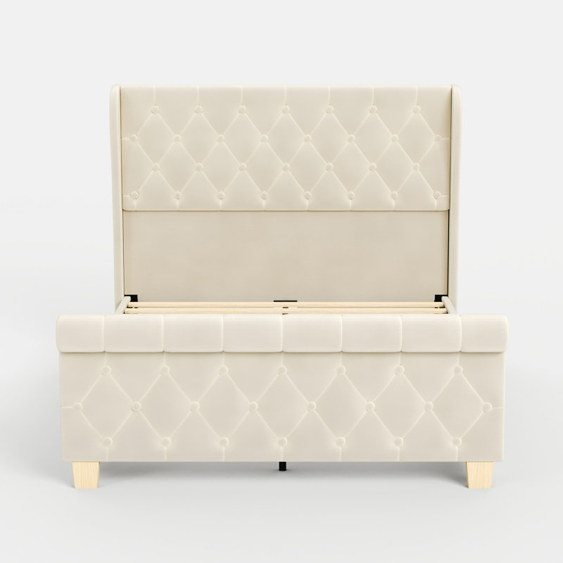 Structure de lit plateforme moderne en velours, support de lattes en bois massif, aucun sommier requis, Queen, Beige