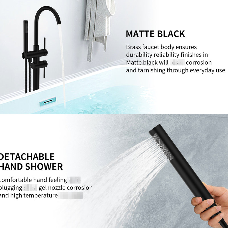 Solid Brass Floor Mount Tub Filler - Matte Black With Handheld Shower Function Mounted Bathtub Faucet Attachment, Matte Black