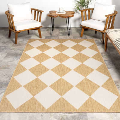 Trellis Indoor/Outdoor Area Rug for Living Room Patio Deck Front Porch Kitchen, Tan/Ivory