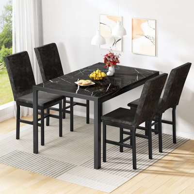 Dining Table Set For 4, Faux Marble Kitchen Table With Uphosltered Dining Chairs, 5-Piece Dining Table Set, Space-Saving Design Dinette Set for Home F by Ebern Designs