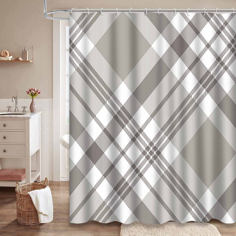 Rideau de douche sans couture à carreaux gris taupe transparent avec 12 crochets, L 72 po x l 84 po