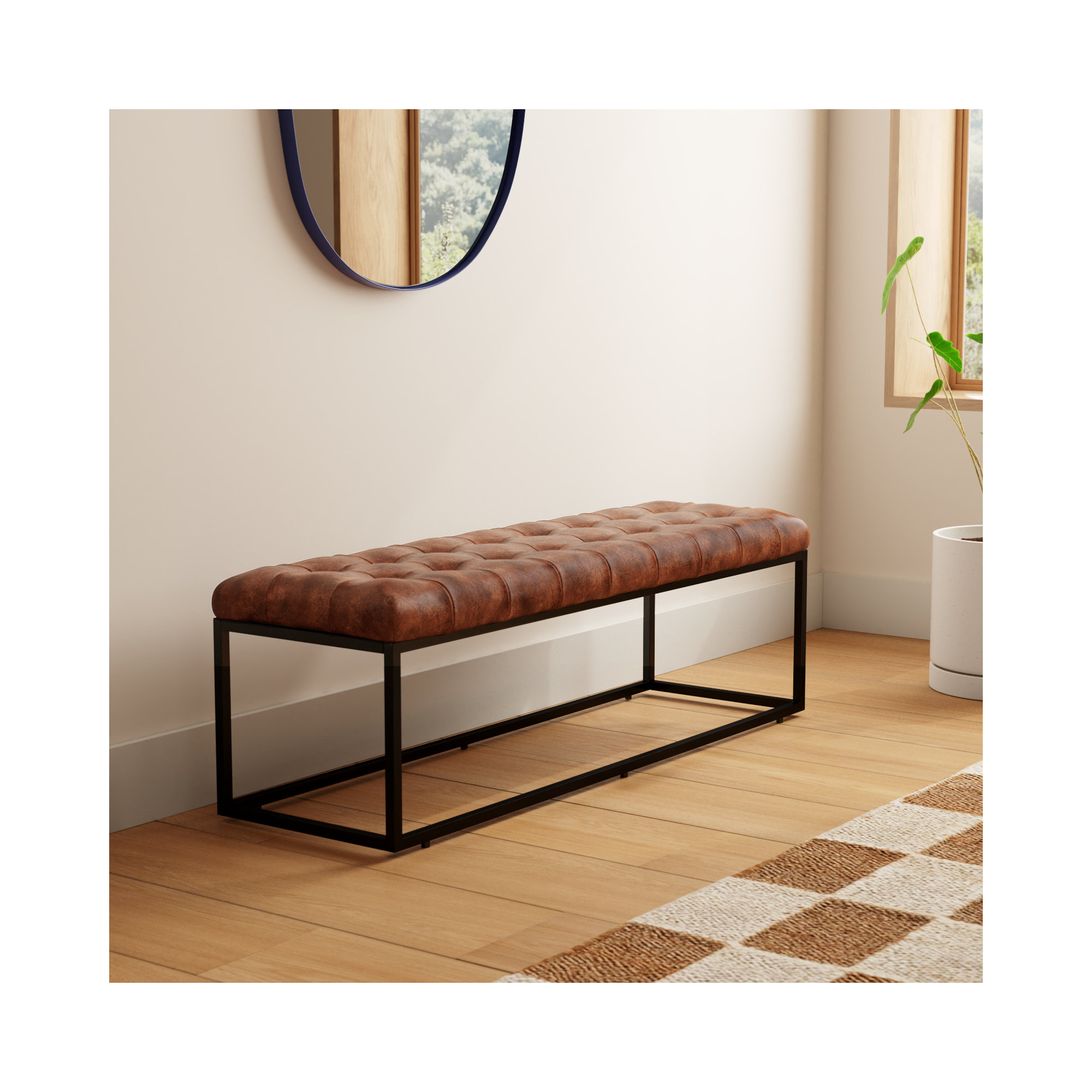 Pearson 50"-55" Genuine Leather Bench, Saddle Top Grain Leather, 17.5" H x 50" W x 17" D