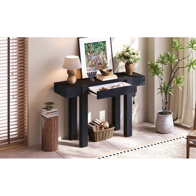 Console avec tiroir caché, prise de courant latérale, table d'entrée en bois, Noir