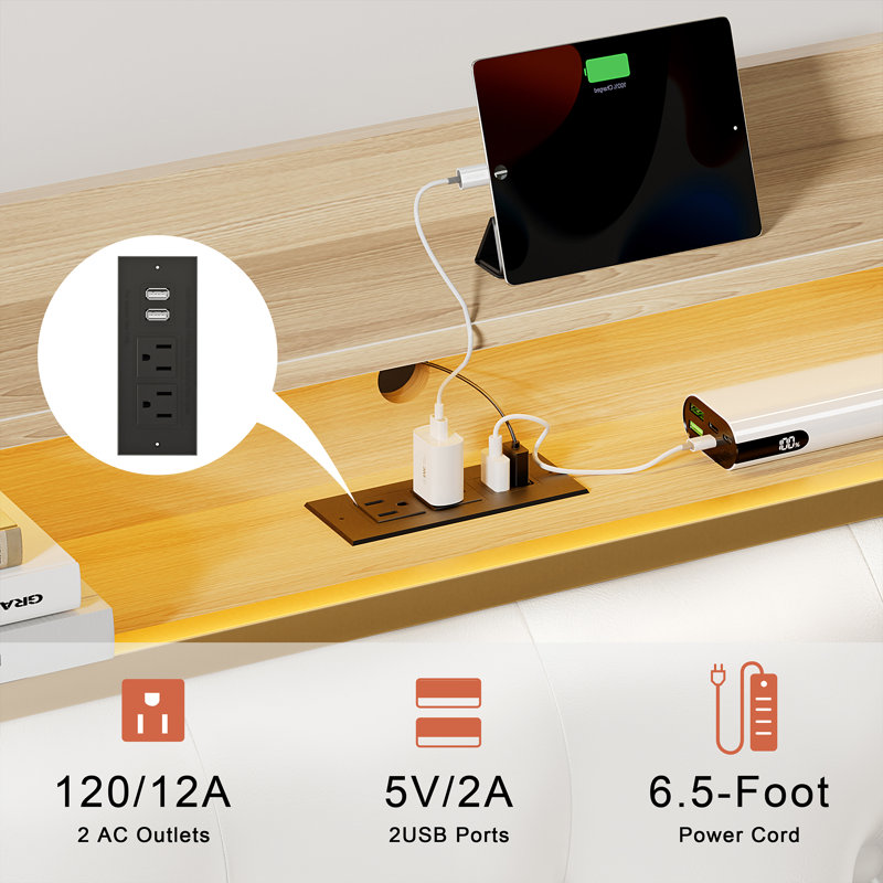 Cadre de lit avec tête de lit Livia, cadre de lit plateforme en métal, lit de rangement avec station de charge et lumière DEL