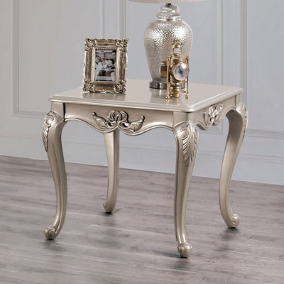 Traditional Style End Table With Curved Legs And Carved Design Solid Wood Structure Champagne Finish