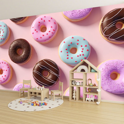 Peel and Stick Wallpaper Wall Mural Sweet cartoon colorful donuts seamless Top View Doughnuts Wall Art Self Adhesive and Removable