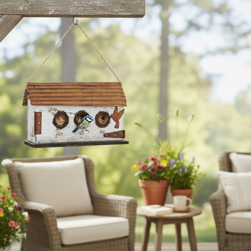 Maison d'oiseaux en bois avec grange blanche