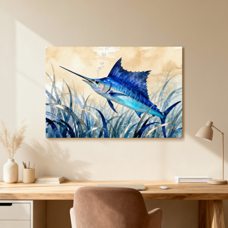Animal Sailfish Swimming Through Seagrass Underwater Scene, Wrapped Canvas, Does Not Apply, 24" H x 36" W