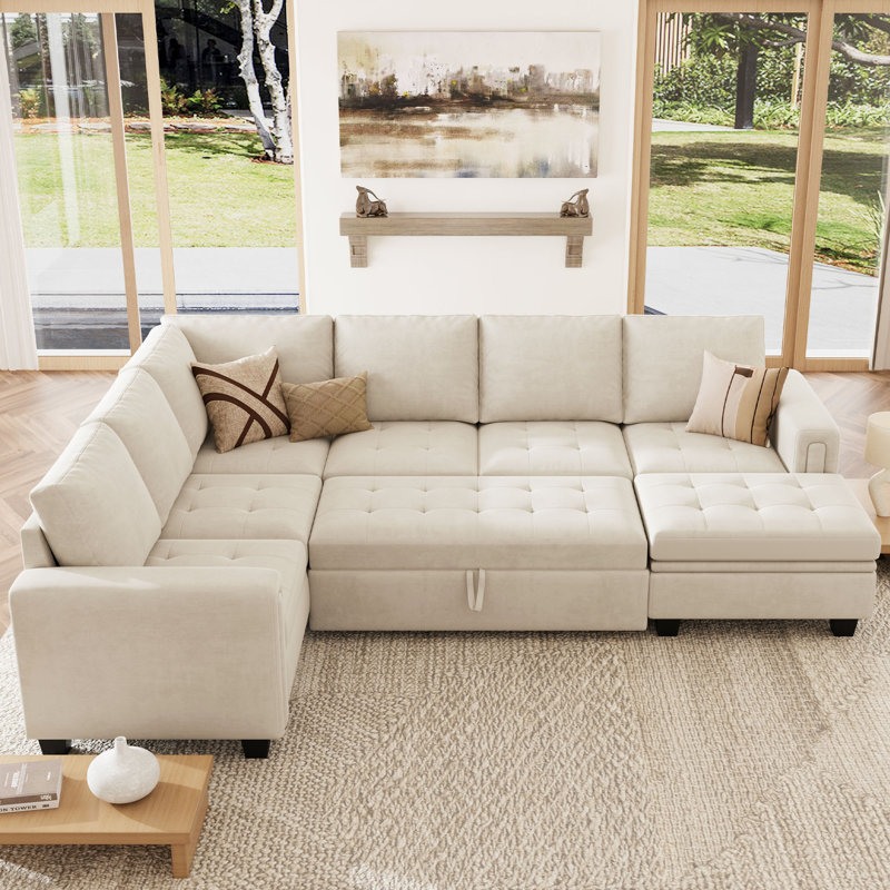 Shavera Velvet L Shaped Sectional Sofa Bed Sleeper Couch With Storage Ottoman, Beige Velvet