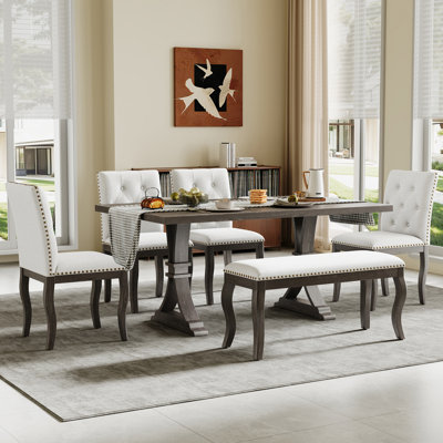 6-Piece Dining Set with 60"L Rectangular Table, Upholstered Tufted Chairs and Nailhead Trim Design throughout Chairs and Bench