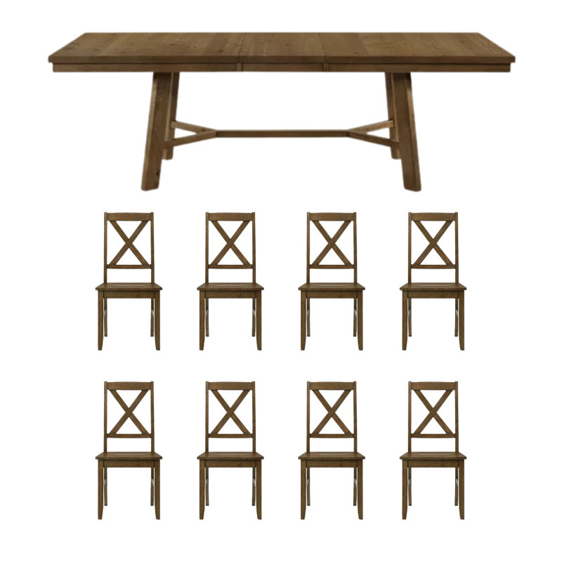 Oaklyn Modern Extendable Rectangular Dining Table Set, Brown, 9 Pieces: Table, 8 Chairs