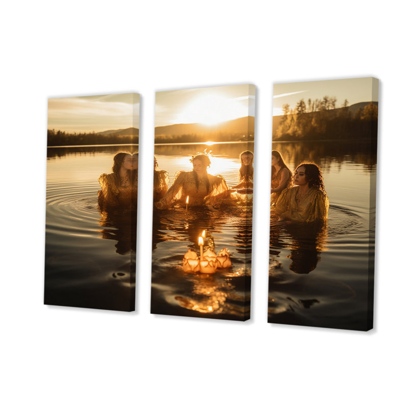 «Young Beautiful Goddesses Bathing In The River I», 3 pièces, H 40 po x l 60 po x P 1 po