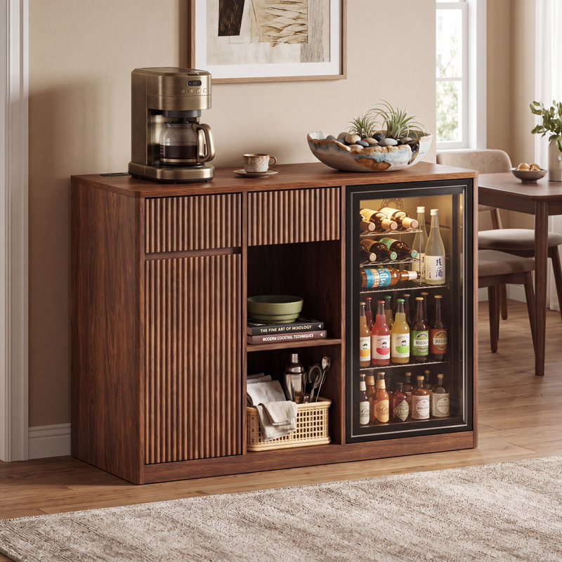 Mini-armoire à café avec espace de rangement pour réfrigérateur et rangement pour bouteilles de vin, Brown
