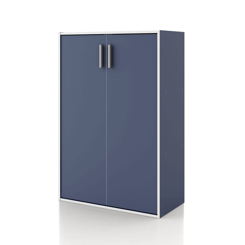 Bibliothèque de rangement à 3 niveaux en bois 35,5 "avec portes, Bleu acier