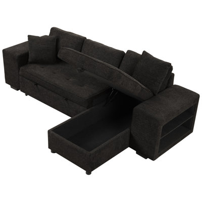 104.5" Modern Lshape 3 Seat Reversible Sectional Couch, Pull Out Sleeper Sofa With Storage Chaise And 2 Stools For Living Room Furniture Set, Charcoal Grey