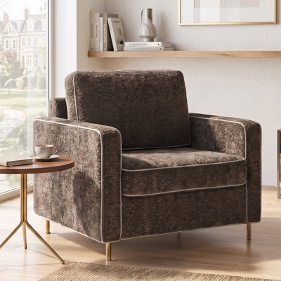 42.1" Modern Chenille Upholstered Accent Chair, Single Sofa with Square Arms, Sewn Pillow Back, White Contrast Stitching & Yellow Iron Legs for Living Room Bedroom Reading Nook - Dark Brown