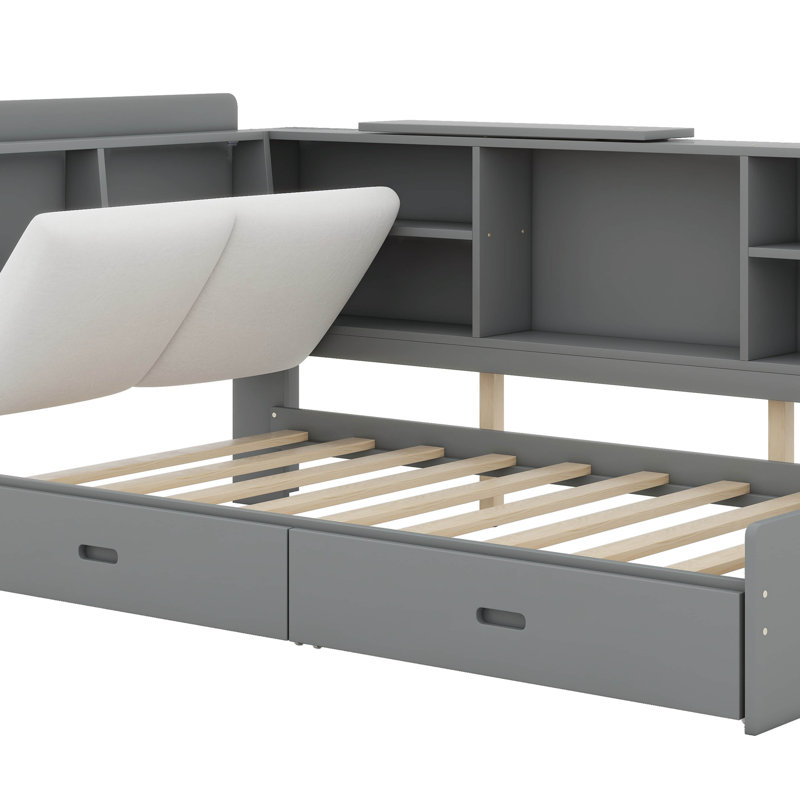 Twin Size Wood Daybed Platform Bed With Bookcase Storage Headboard, Shelves And 2 Drawers, Gray