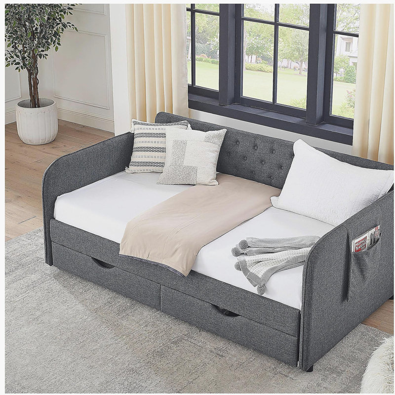 Twin Size Upholstery Daybed with Trundle Bed and Two Storage Drawers , Flat Arms with Pocket, Extendable Daybed for Bedroom Living Room,Linen Dark Gray