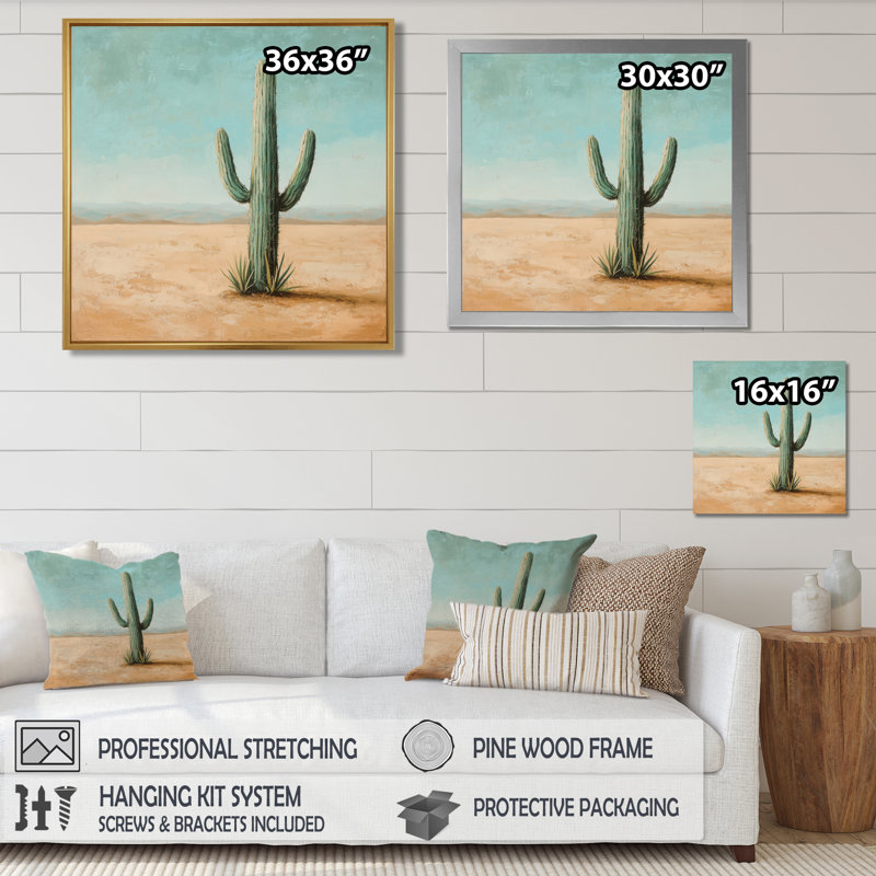Cactus dans le désert III - Cactus, art mural, Impression encadrée flottante, Crème, crème, H 30 po x l 30 po