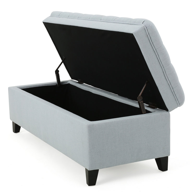 Rhya Storage Ottoman Bench, Light Blue Fabric, Black Wood, 50 Inch, Light Blue