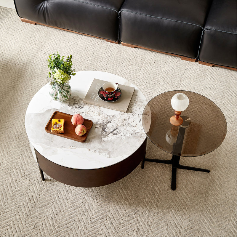 Table basse ronde avec tiroirs, plateau en céramique, pieds en métal, plateau en pierre frittée pour tiroirs blancs