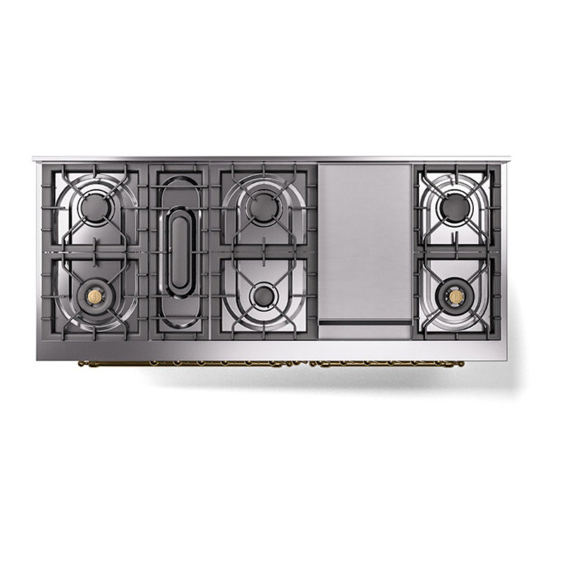ILVE Nostalgie II Series 60 inch Dual Fuel Range with 9 Sealed Burners, Griddle (Solid Door), Natural Gas, RAL Classic/Brass