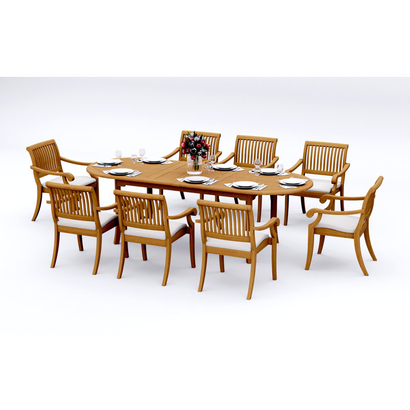8 Seats 9 Pcs Grade-A Teak Wood Dining Set: 94" Double Extension Oval Table And 8 Arbor Stacking Arm Chairs #11AB2208, 8