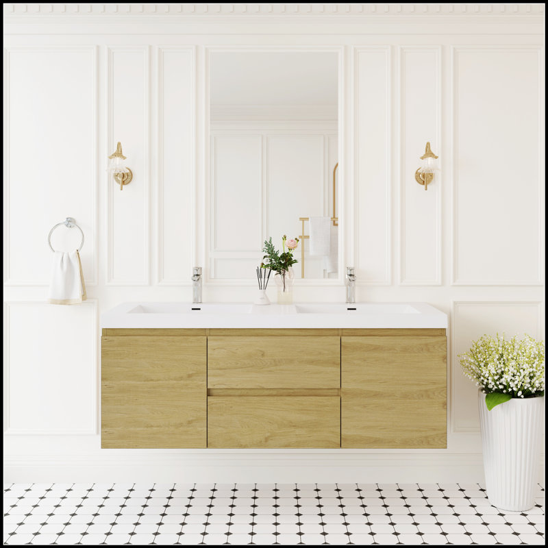Meuble-lavabo flottant 60 po avec lavabo double en résine et tiroirs à fermeture en douceur, finition chêne naturel pour salle de bain moderne