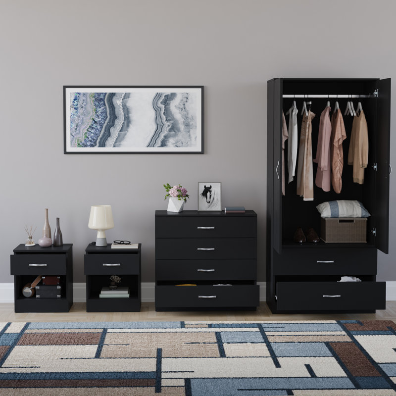 Tayce 4 Piece Bedroom Set (1 Drawer Bedside Chest X2, 4 Drawer Chest, 2 Door 2 Drawer Wardrobe), Black
