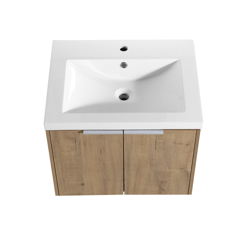 Armoire de salle de bain 24 po avec lavabo en résine - Fixation murale, portes, contreplaqué, moderne, imitation chêne, 24 po, teinte douce