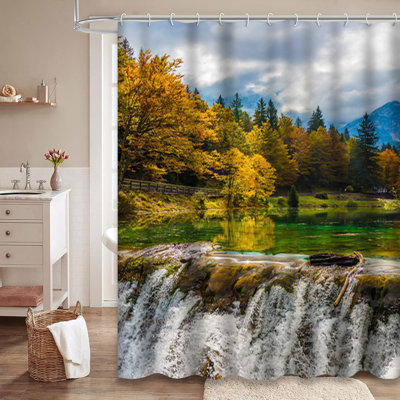 Waterfall Lake Mountain Valley Beautiful Forest Shower Curtain with 12 Hooks