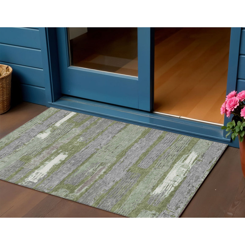 Tapis extérieur lavable rayé vert olive et ivoire 3 pi x 5 pi