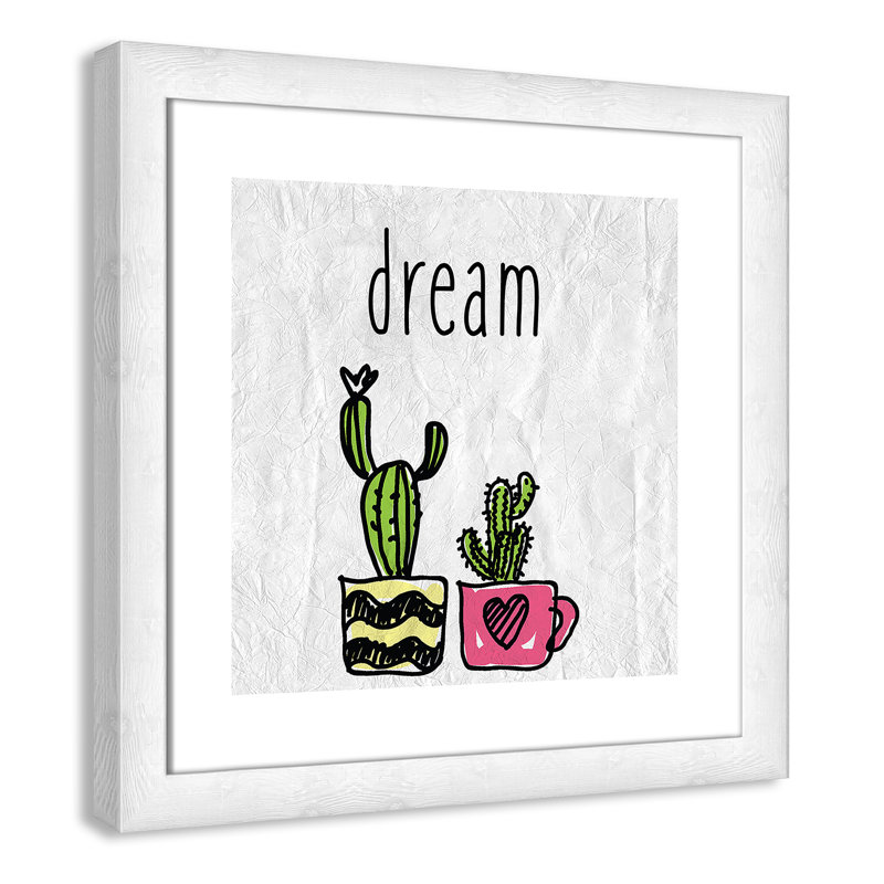 «Cacti A», art encadré, H 16 po x l 16 po x P 0,6 po, Encadré plat à grain de bois blanc