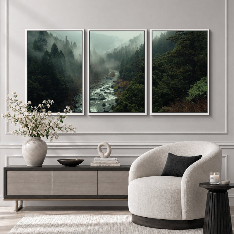 "Misty Forest Landscape", "Hazy Moody Dark Green River Nature", Tranquil Panoramic Modern Rustic Woodland Wall Art
