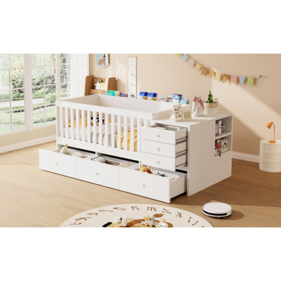 Convertible Crib To Daybed With Drawers,2-In-1 Baby Crib With Solid Wood Guardrails,Changing Table & Storage Drawers,Compatible With Standard US Toddler Mattresses,Toddler Bed With Safety Rail,  White