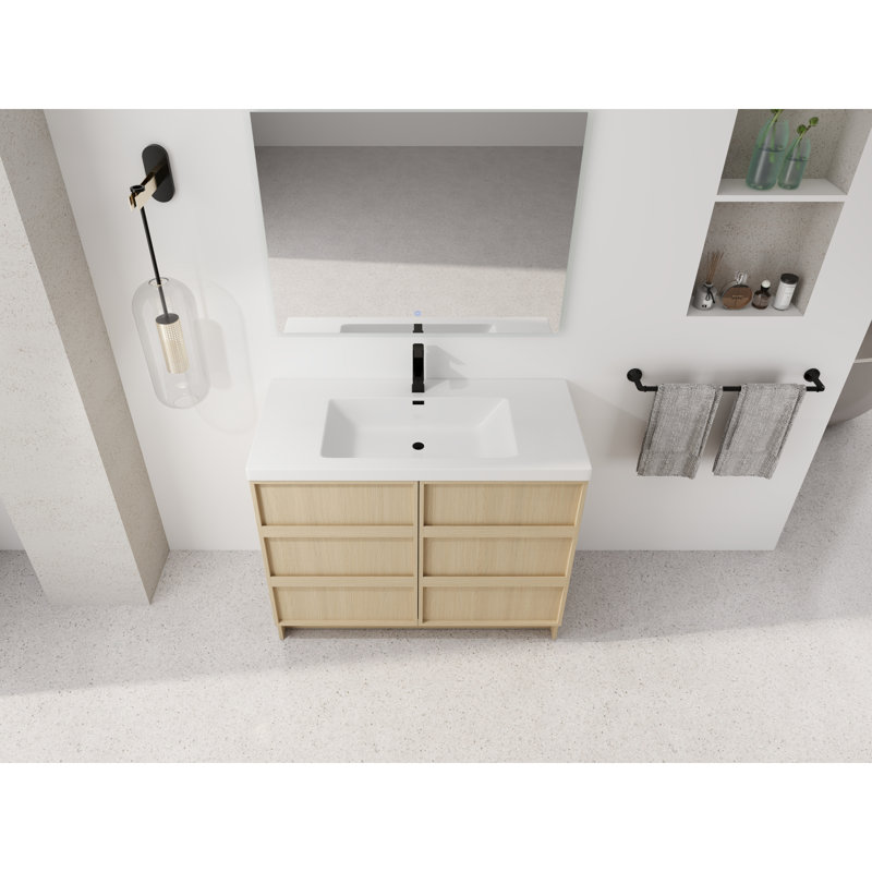 Meuble-lavabo autoportant luxueux de 42 po avec lavabo en résine durable, conception moderne en chêne dune