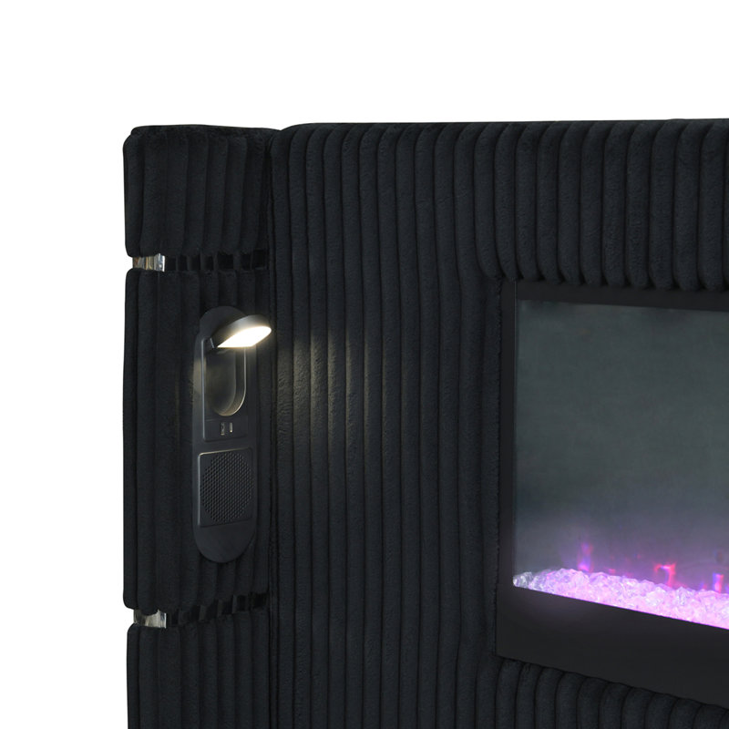 Lit en velours côtelé avec foyer, DEL, lampe de lecture, haut-parleur, Bluetooth et USB, Très grand lit