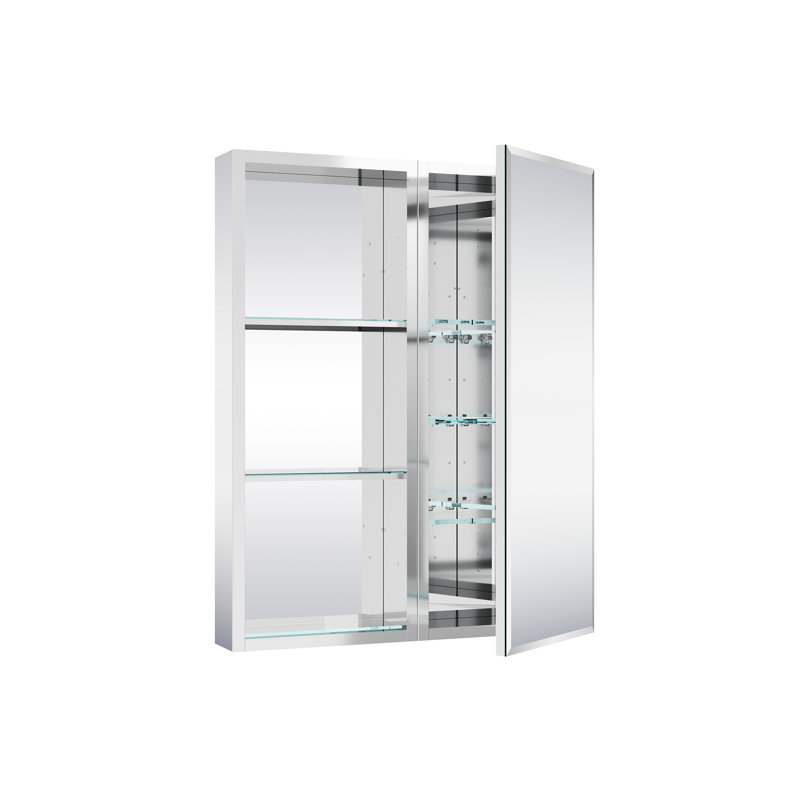 Armoire à pharmacie encastrée ou en saillie en aluminium (61 cm x 76 cm) avec miroir biseauté et tablette ouverte, Droite